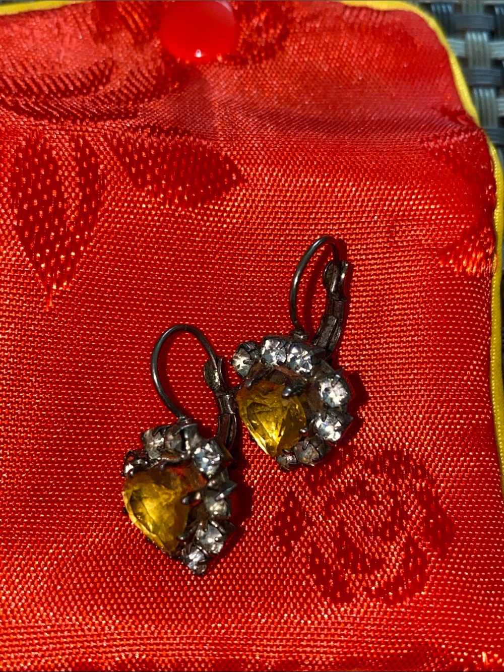 Yellow Heart Crystal Drop Earrings with Clear Accents